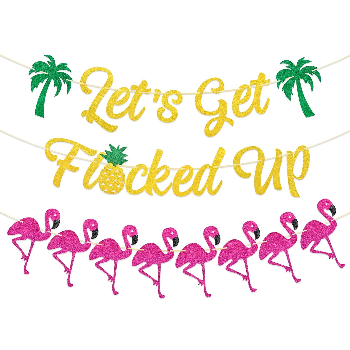 Let’s Get Flocked Up Banner - Pink Glitter Flamingo Party Banner with Palm Trees & Pineapple, NO DIY Required, Tropical Summer Pool Party