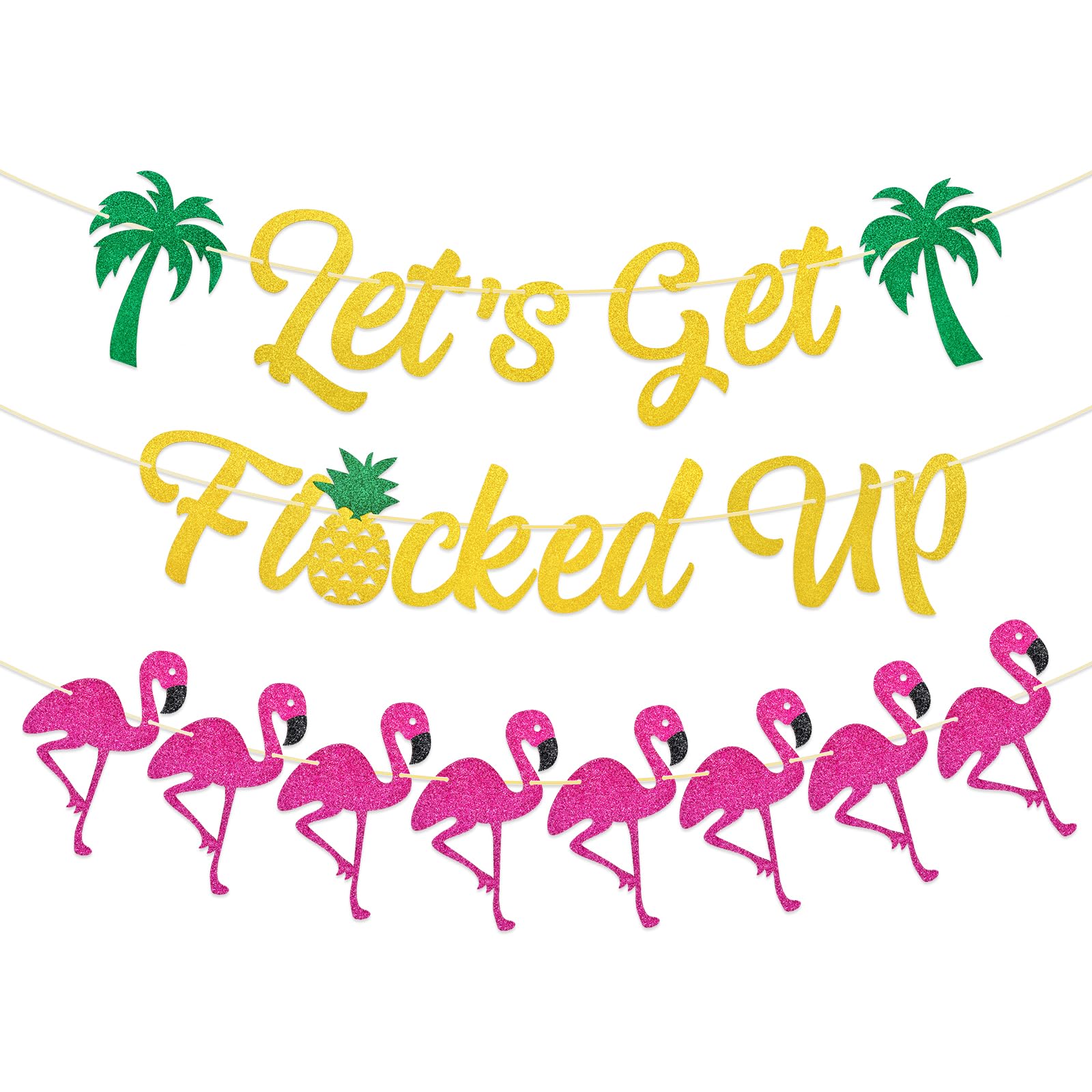 Let’s Get Flocked Up Banner - Pink Glitter Flamingo Party Banner with Palm Trees & Pineapple, NO DIY Required, Tropical Summer Pool Party