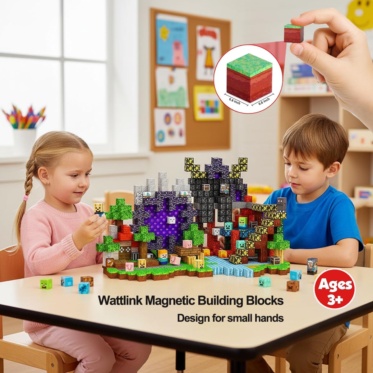 Wattlink Magnetic Building Blocks Set, 200 Pieces Pixel Style Construction Toys with Character Blocks, 0.8 Inch Cubes for Ages 3+, Non-Toxic