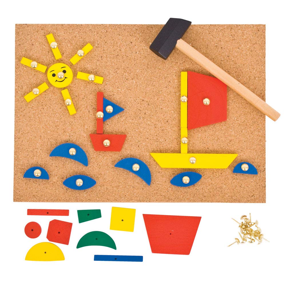 Bigjigs Toys Pin-a-Shape Set | Tap Art Kit with Pin Board & Wooden Shapes | Kids Peg Toy with Mini Hammer | Toddler Montessori Game | Educational