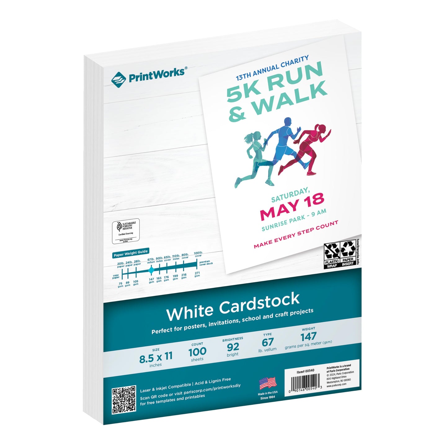 PrintWorks White Cardstock 8.5" x 11" - 67 lb/147 gsm Vellum Bristol - 100 Sheets - Made in the USA - SFI® Certified - 92 Bright - Card Stock Printer