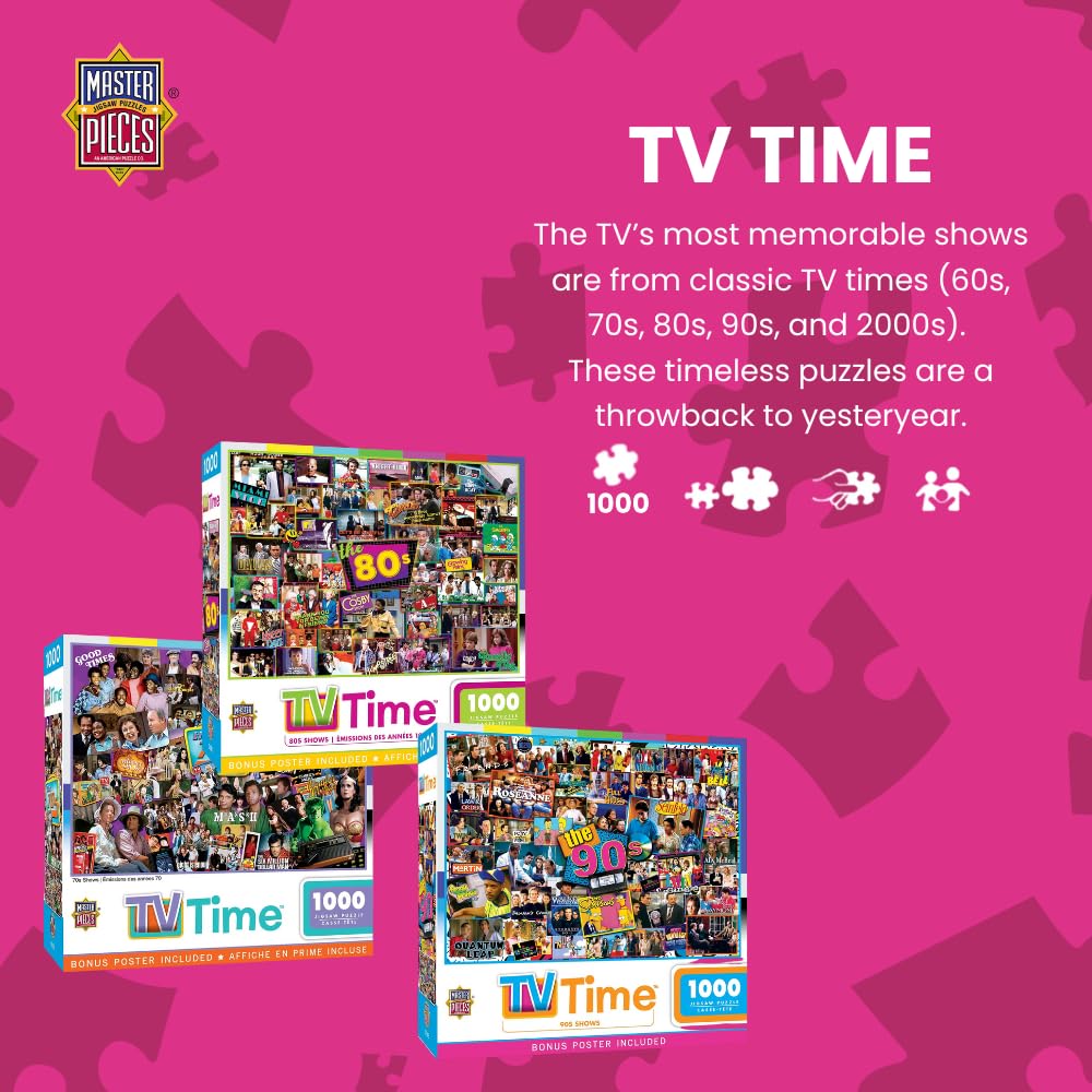 MasterPieces - 1000 Piece Jigsaw Puzzle, Nostalgic 60’s TV Shows Collage, Retro Entertainment Fun for Adults, Family, Kids, Non-Glare Finish, 19.25" x