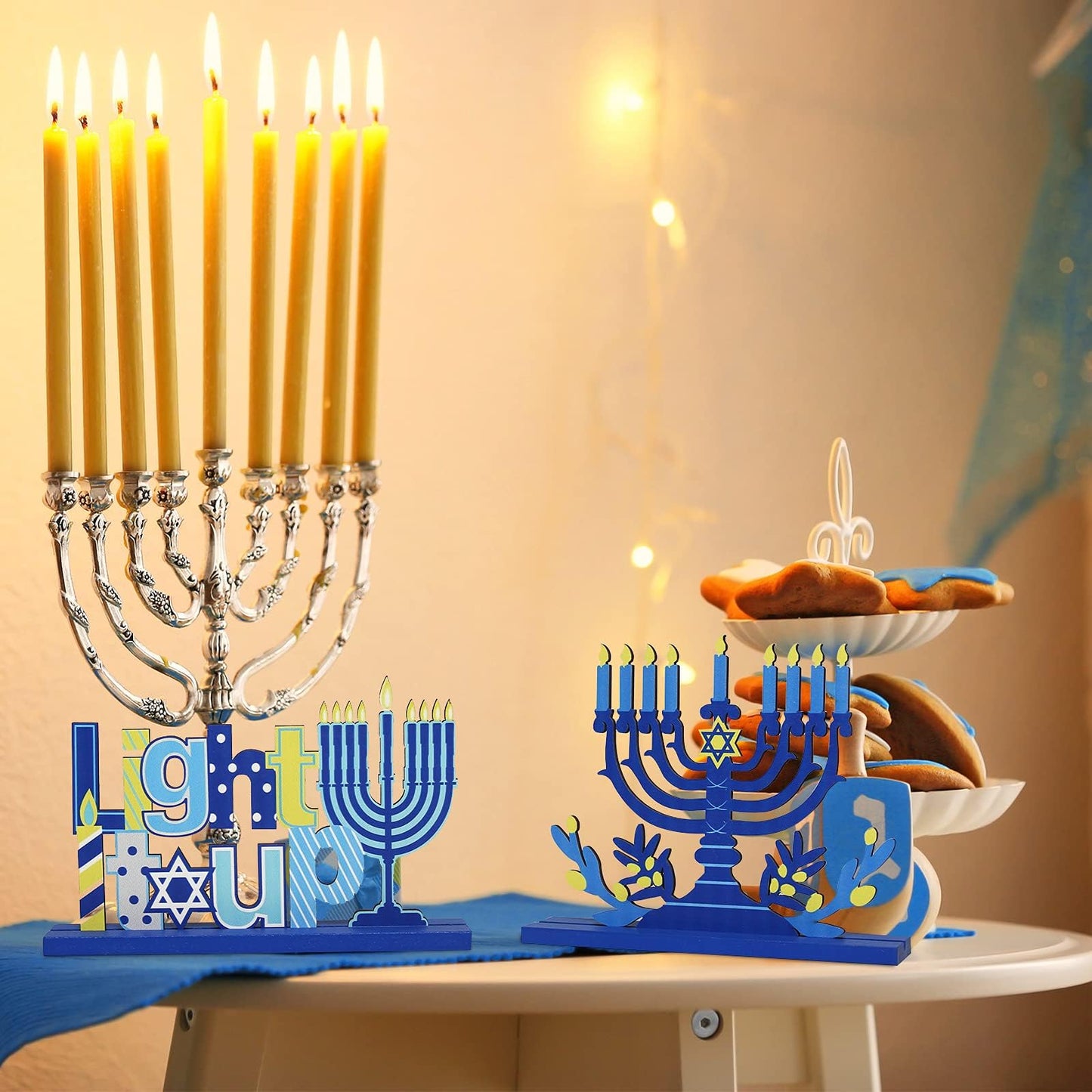 4 Pieces Hanukkah Party Decorations Wooden Chanukah Party Supplies Hanukkah Centerpieces Table Decorations for Home Holiday