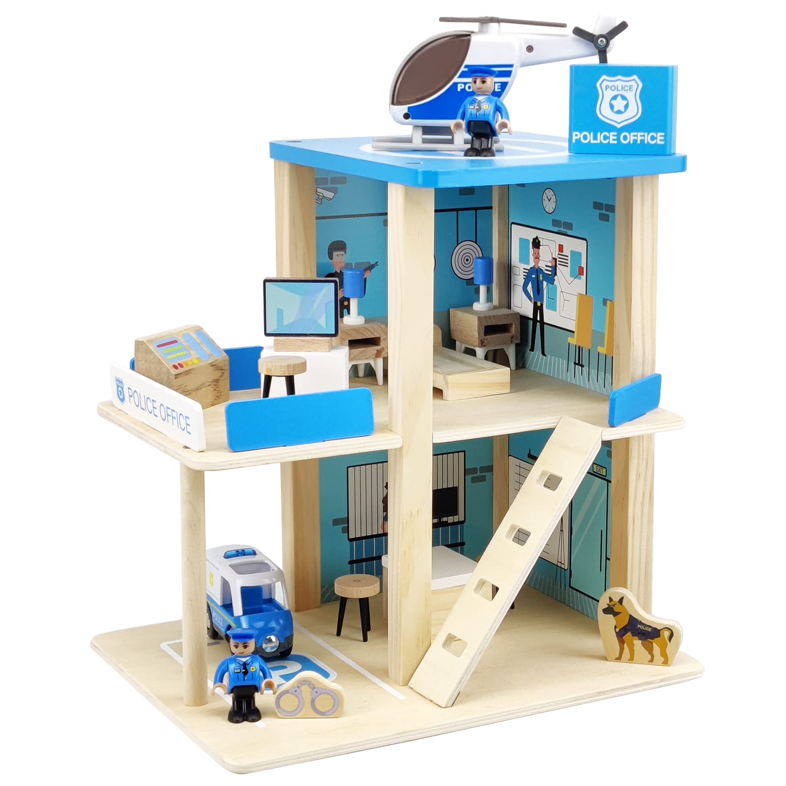 Wooden Police Station Playset Toy, Multicolor 3-Level Pretend Play Dollhouse Set with Figures, Car, Helicopter and Accessories, Preschool Learning