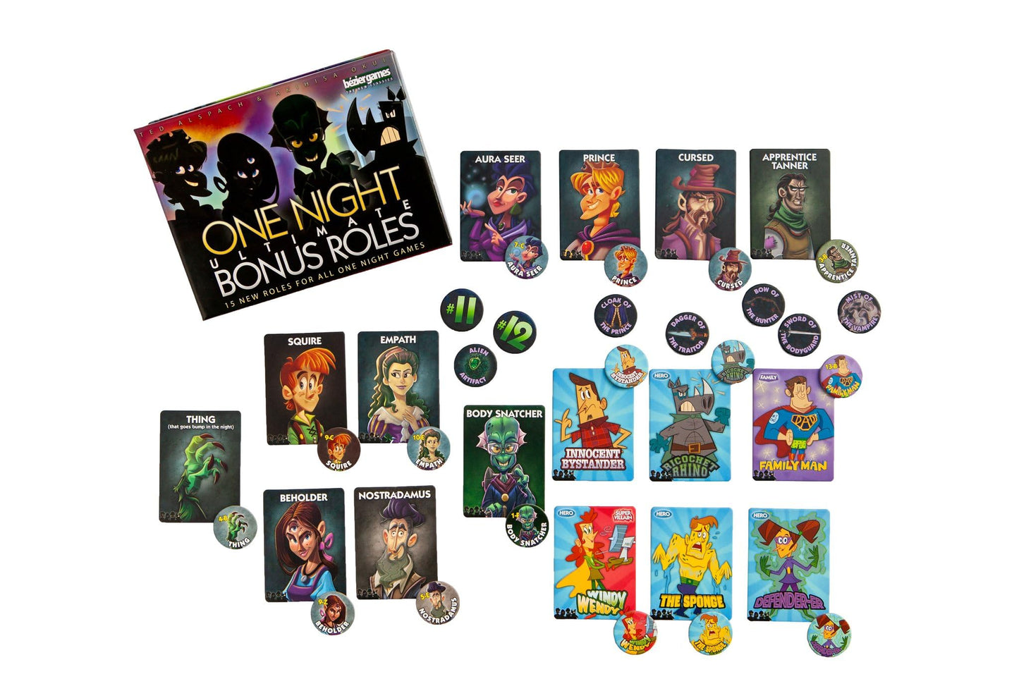 One Night Ultimate Bonus Roles Expansion by Bezier Games | Adds 16 New Roles, Artifact Tokens & Player Number Tokens for One Night Ultimate Werewolf