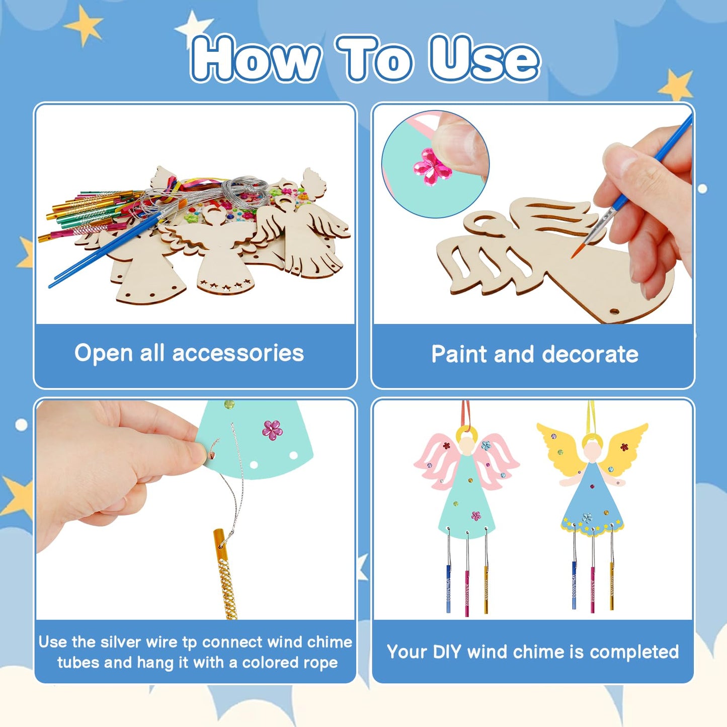 Fennoral 9 Pack Angel Wind Chime Kits for Kids Make You Own Angel Wind Chimes DIY Wooden Crafts to Paint for Art Activities Christmas Tree Hanging