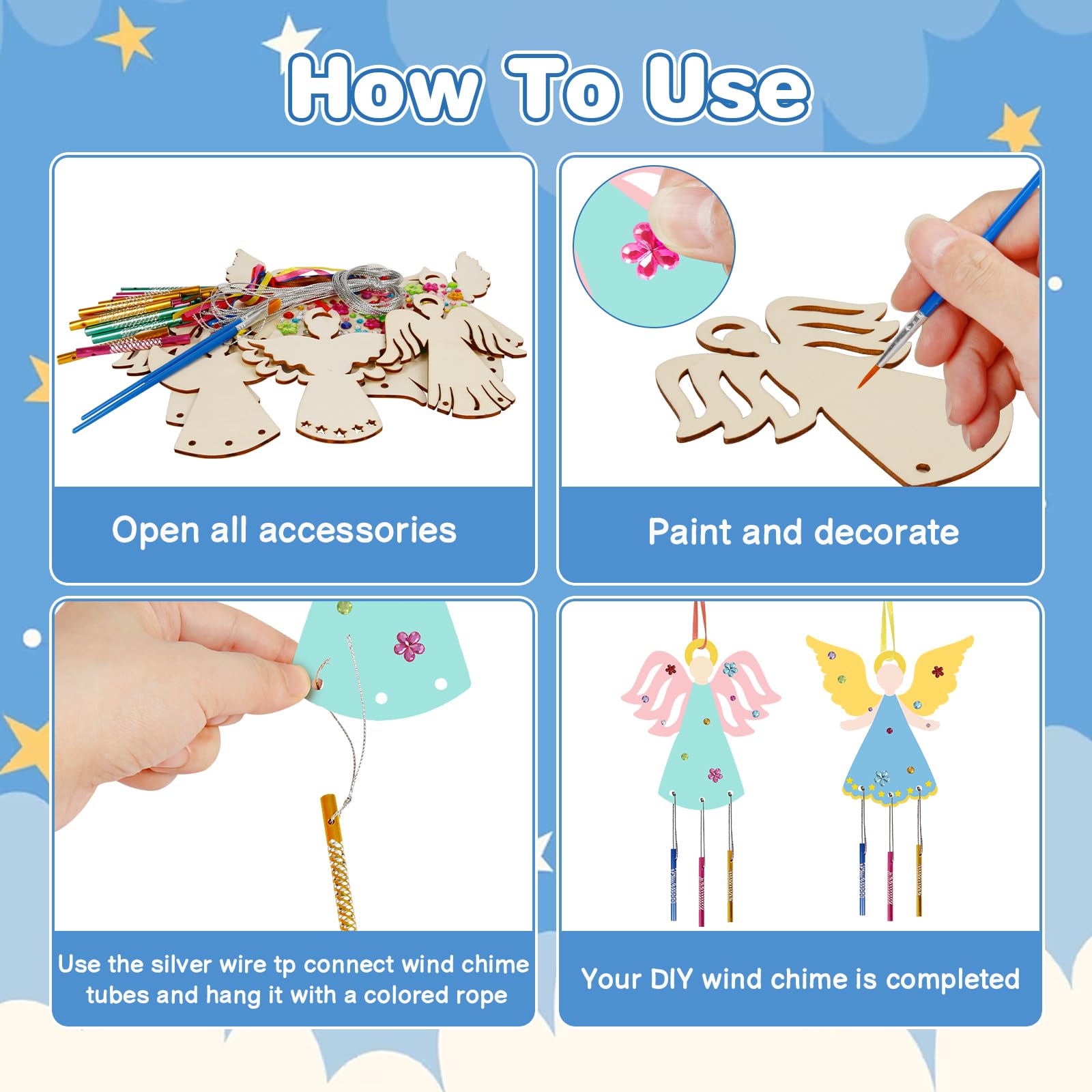 Fennoral 9 Pack Angel Wind Chime Kits for Kids Make You Own Angel Wind Chimes DIY Wooden Crafts to Paint for Art Activities Christmas Tree Hanging