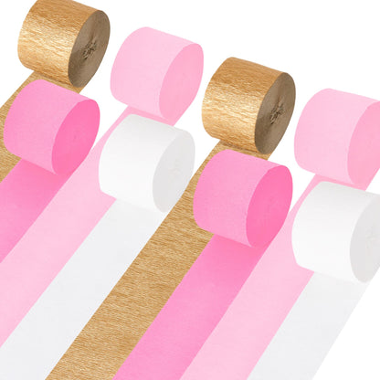 Pink Streamers Party Decorations, 8 Rolls 656ft Pink and Gold Crepe Paper Streamers for Wedding, Bridal Shower, Baby Shower, Birthday, Valentines Day