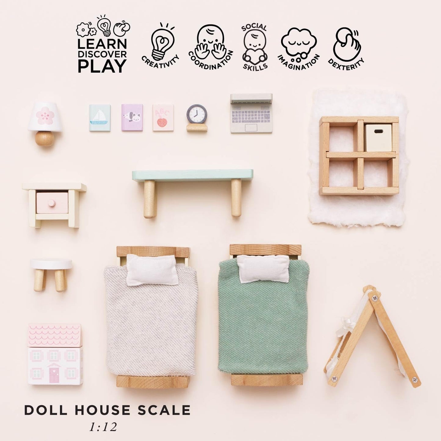 Le Toy Van - SugarPlum Wooden Bedroom Set | Dolls House Accessories Play Set For Dolls Houses | Girls and Boys Doll House Furniture Sets - Suitable