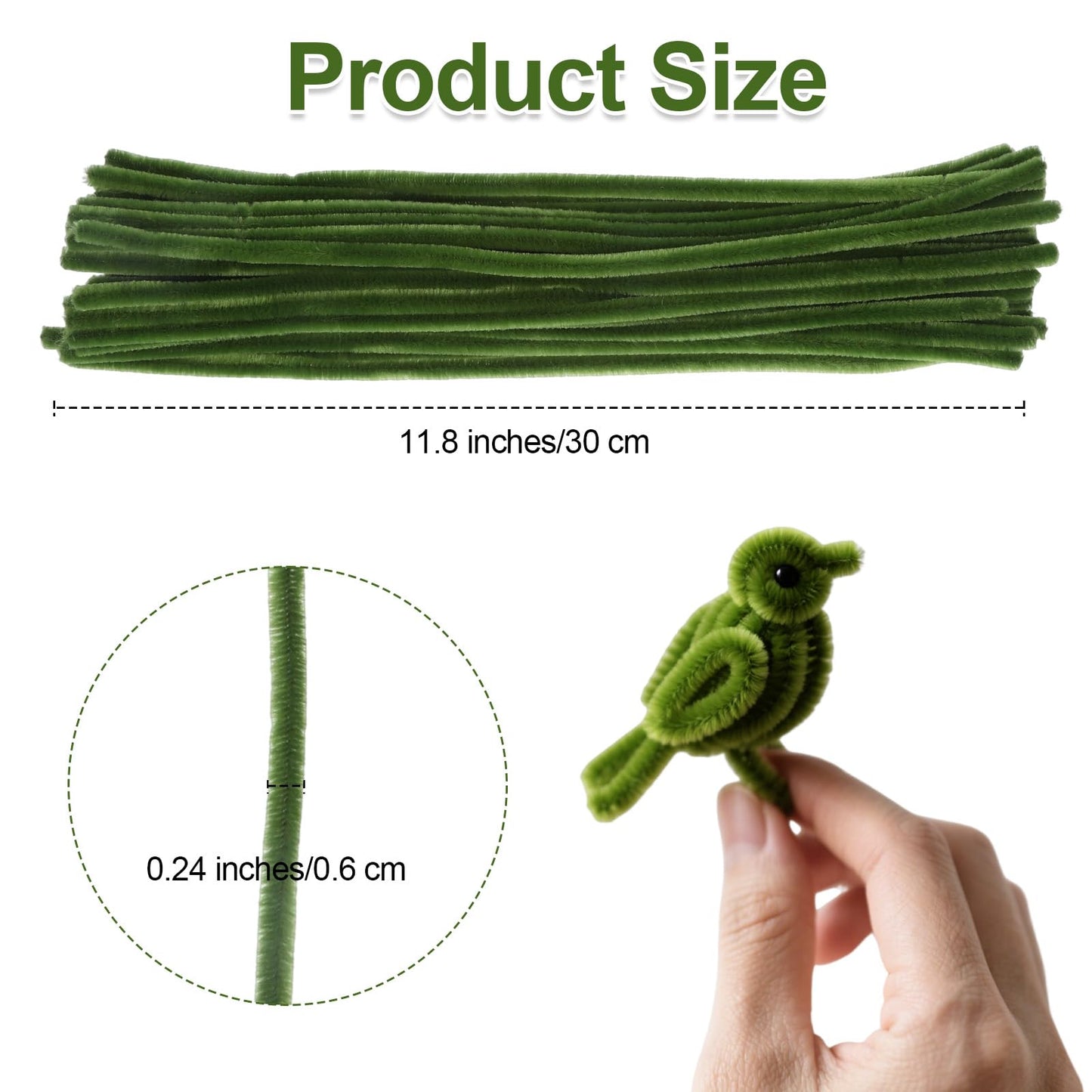100 Pieces Green Pipe Cleaners, Pastel Pipe Cleaners Craft Supplies Bulk, Fluffy Chenille Stems DIY Handmade Art Project, Creative Crafts for Gift