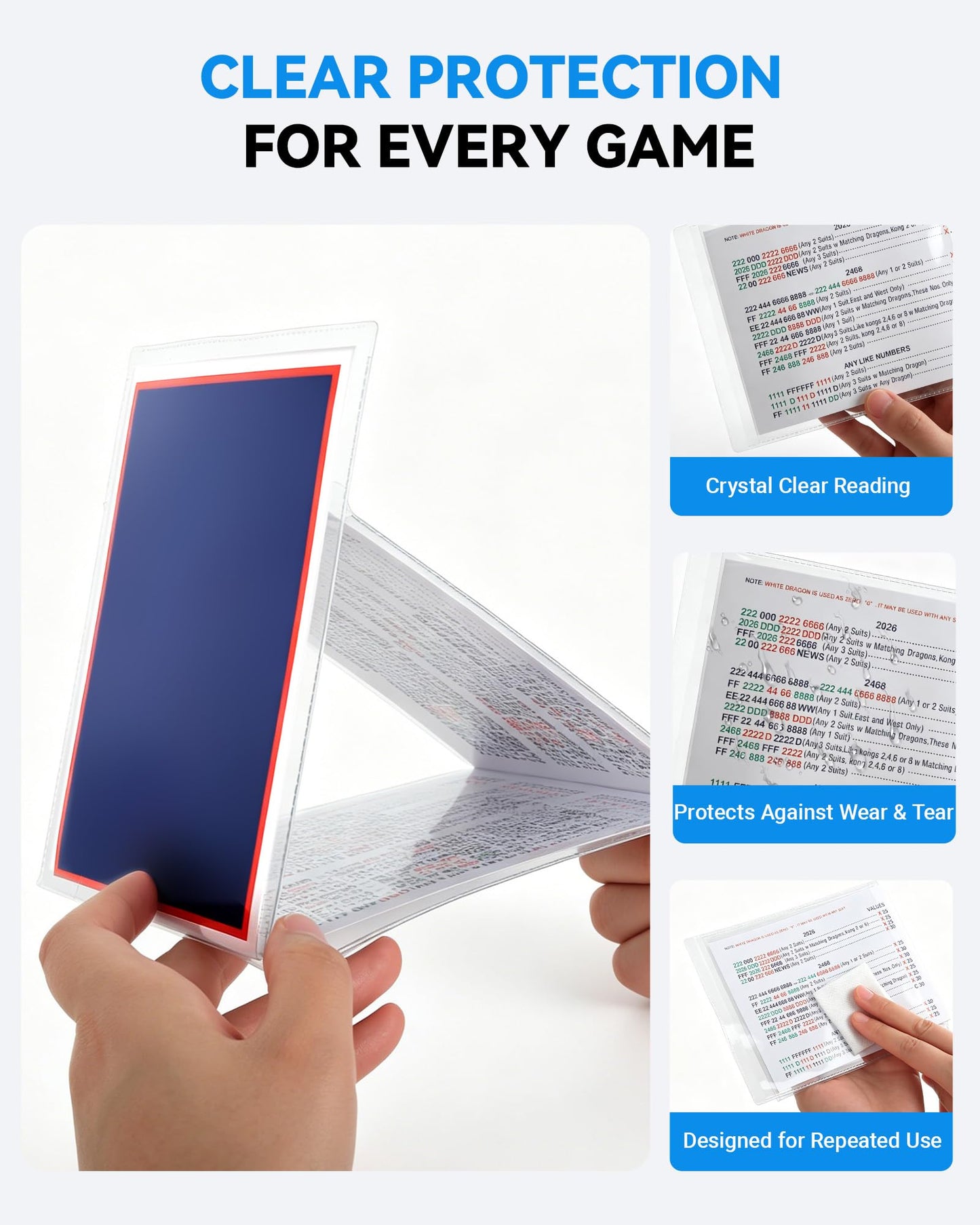 Mahjong Card Sleeve 4PCs, Mahjong Card Holder, Clear Mahjong Card Cover for Large Mahjong Cards, Protective PVC Sleeves, Mahjong Accessories