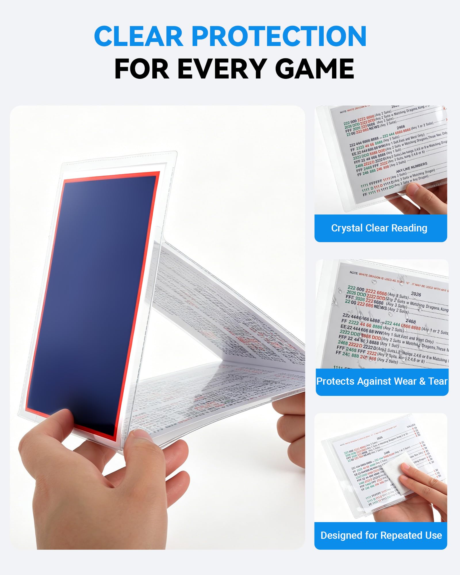 Mahjong Card Sleeve 4PCs, Mahjong Card Holder, Clear Mahjong Card Cover for Large Mahjong Cards, Protective PVC Sleeves, Mahjong Accessories