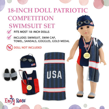 Emily Rose 18 Inch Doll Swim Team Outfit - 6 Pc Competitive Swimmer Doll Clothes & Accessories Set with Medal, Goggles, Cap, Towel & Sandals, Gift