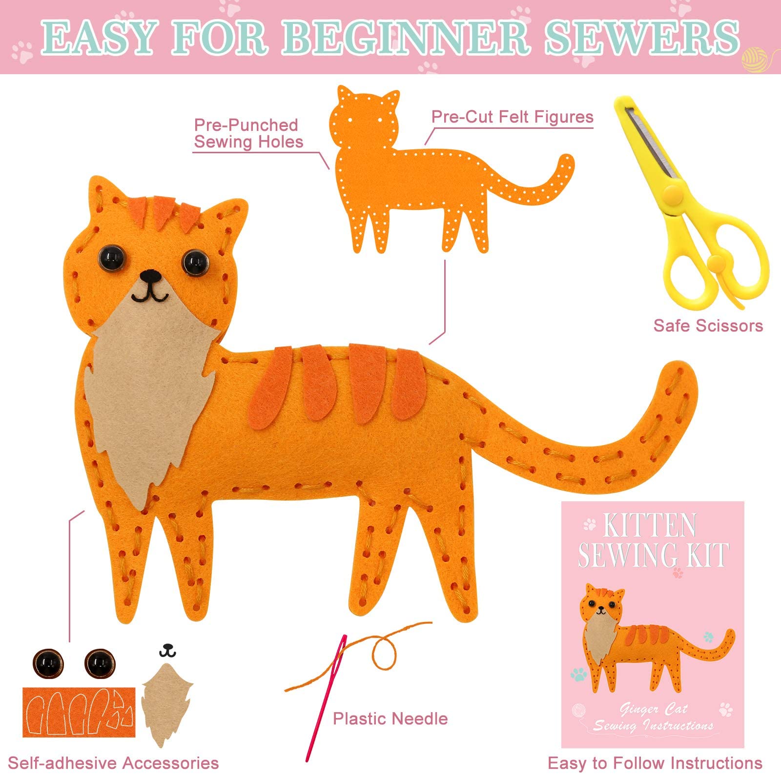 CiyvoLyeen Cat Sewing Kit for Kids -Ages 7 8 9 10 11 12 Kitten Plush Toys Arts & Crafts Set for Beginners, Learn to Sew Gifts Idea for Girls & Boys