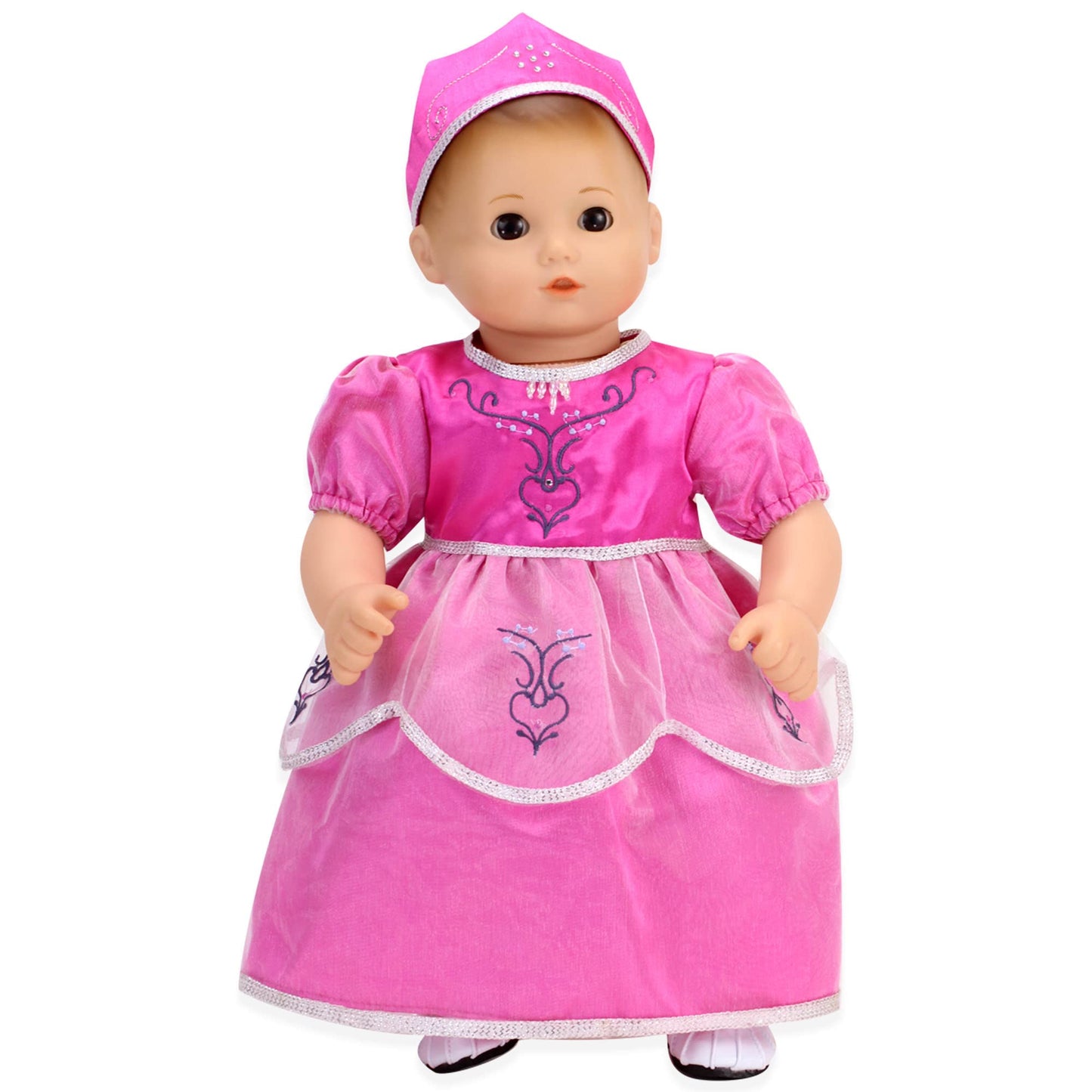 Sophia's 15" Baby Doll 2 pc. Embroidered Princess Dress and Crown, Hot Pink with Silver Trim