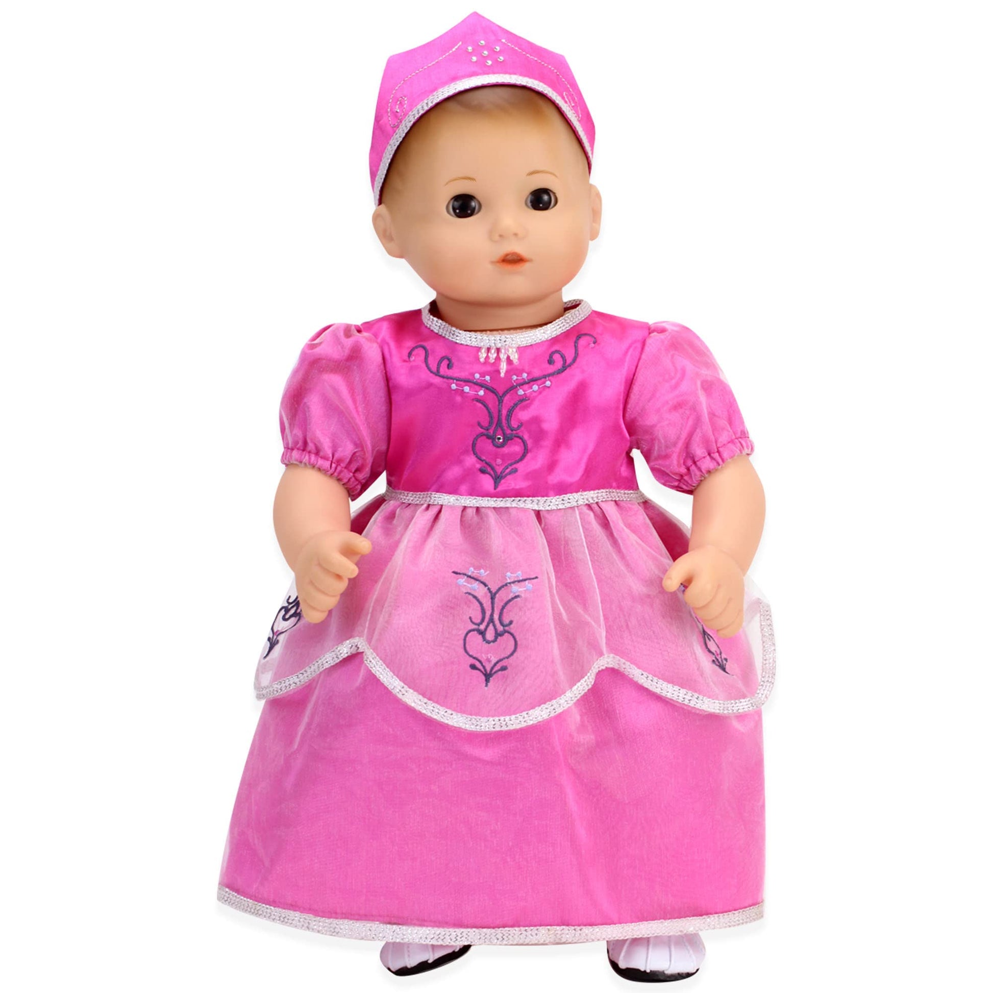 Sophia's 15" Baby Doll 2 pc. Embroidered Princess Dress and Crown, Hot Pink with Silver Trim