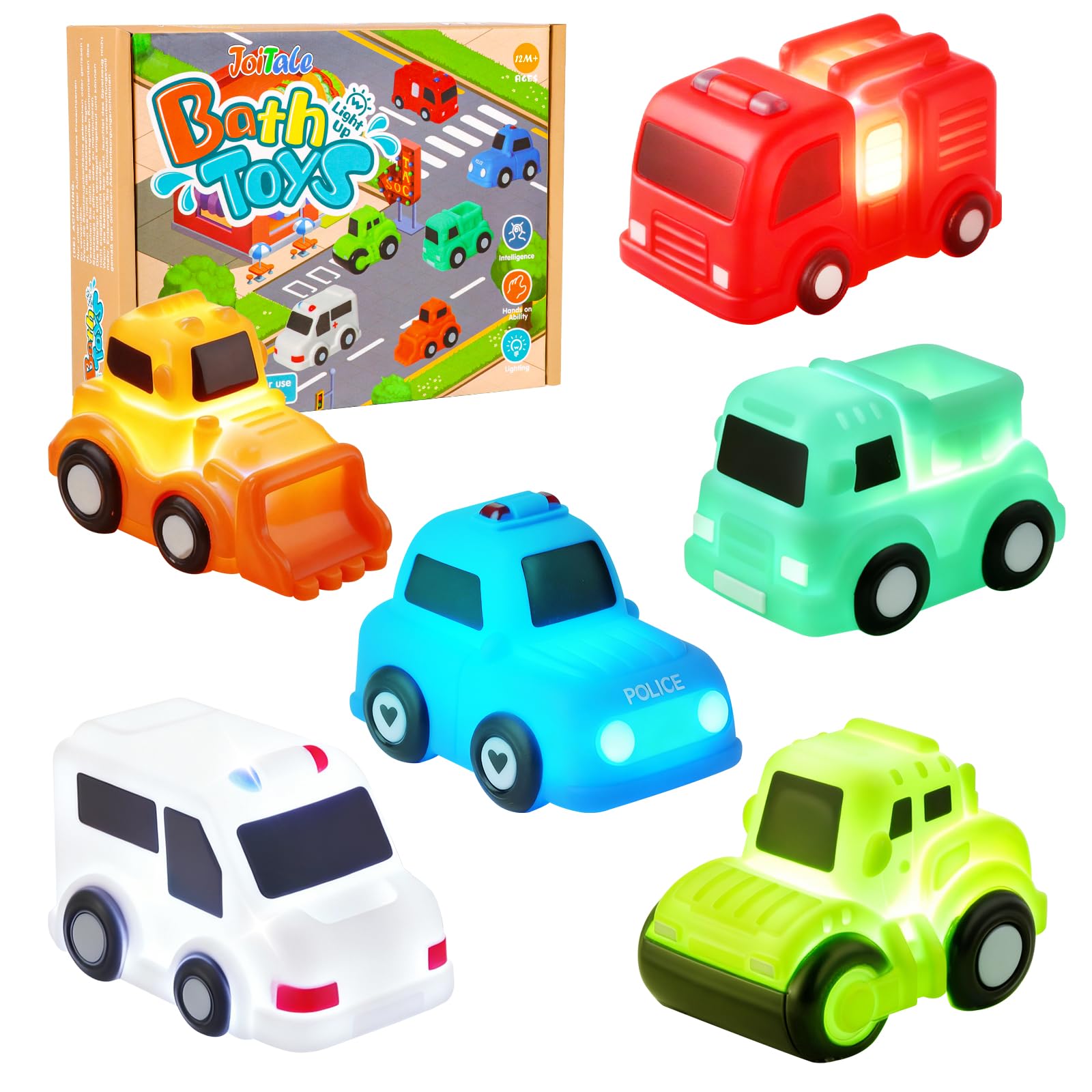 Baby Bath Toys, 6 Pack Light Up Cars Bath Toys, No Hole No Mould Bathtub Toy for 1 2 3 Year Olds, Flashing LED Sensory Toy for Toddlers, Bath Time