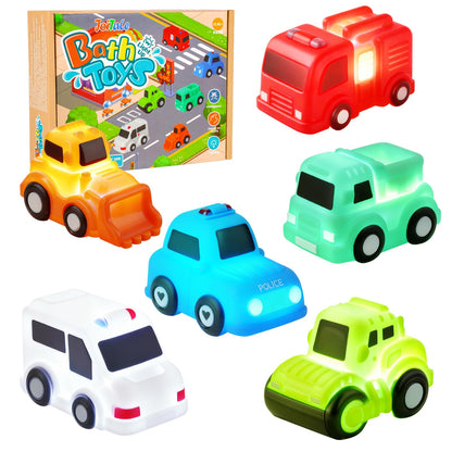 Baby Bath Toys, 6 Pack Light Up Cars Bath Toys, No Hole No Mould Bathtub Toy for 1 2 3 Year Olds, Flashing LED Sensory Toy for Toddlers, Bath Time