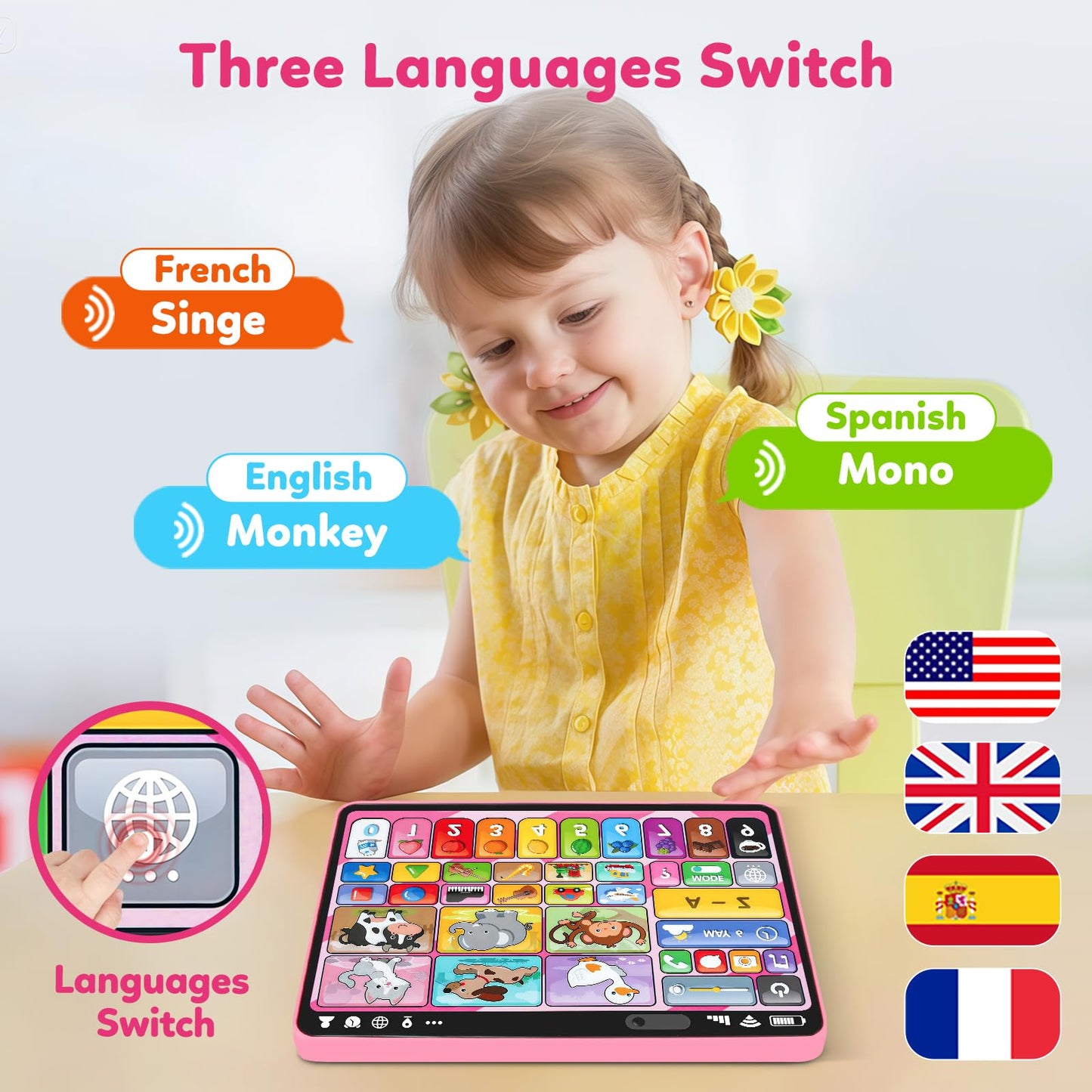 Trilingual Learning Toy Tablet with Music & Sound, Montessori Speech Therapy Toys for 1 Year Old Girl Boy Musical Baby Toy 12-18 Months Toddler Girl