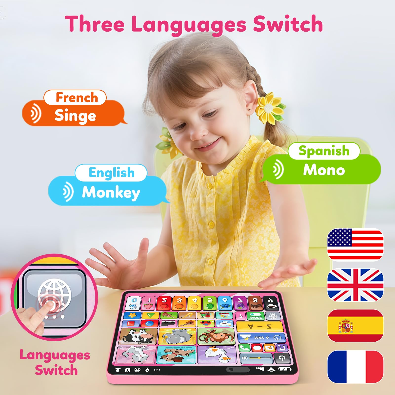 Trilingual Learning Toy Tablet with Music & Sound, Montessori Speech Therapy Toys for 1 Year Old Girl Boy Musical Baby Toy 12-18 Months Toddler Girl