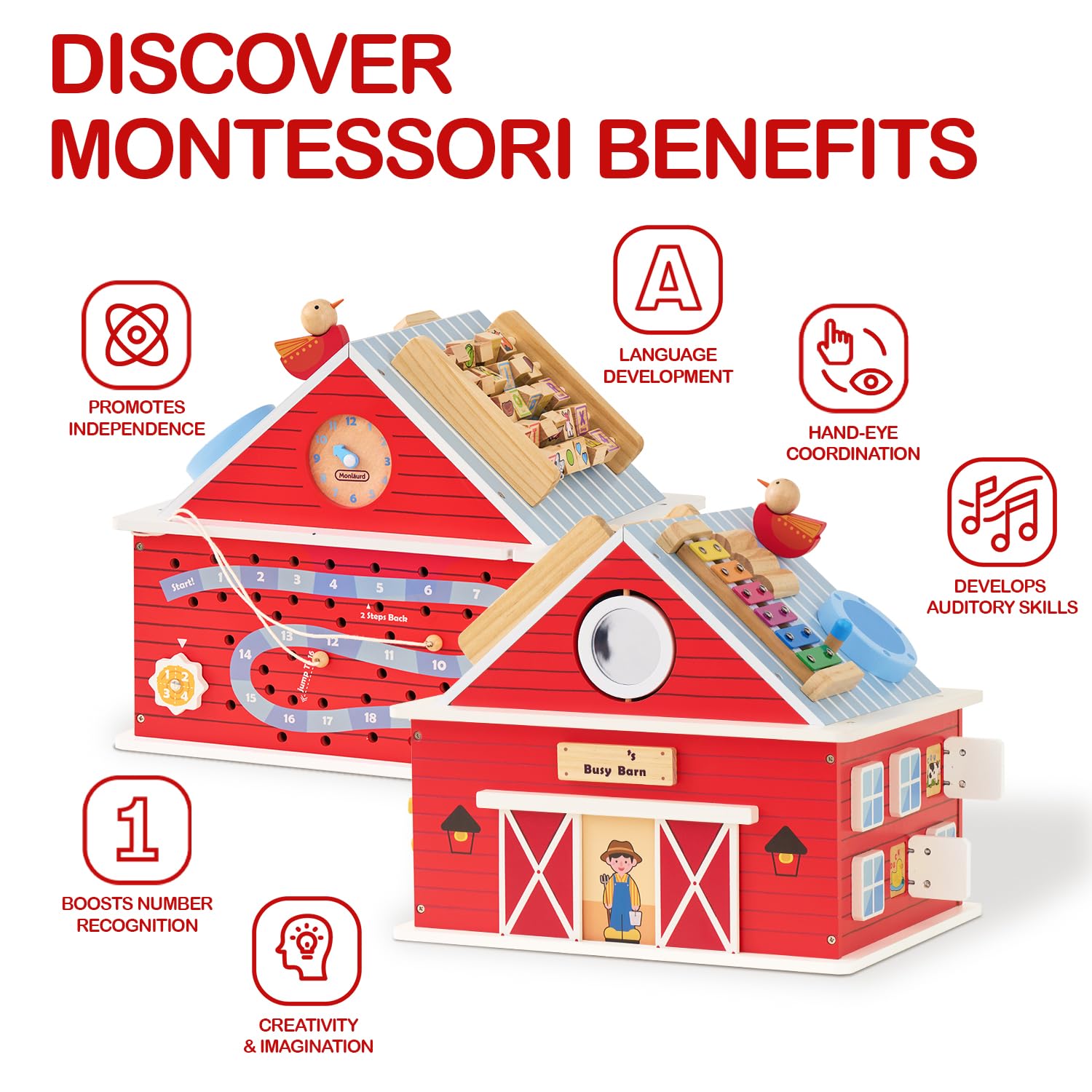 Monläurd® Wooden Activity Cube for Toddlers 1-3, Farm Barn Montessori Busy Board Toy, 12-in-1 Sensory Activity Center for Baby Fine Motor Skills