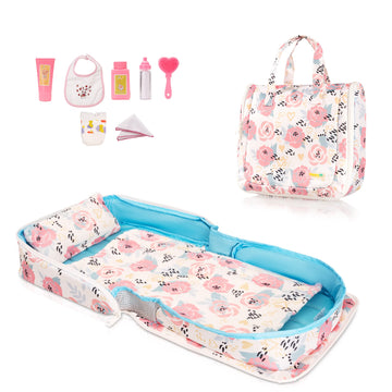 HappyVk Baby Doll Bed Set - Portable Doll Bassinet for Dolls up to 21 Inches - Pretend Play Handbag for Girls Ages 3+ Doll Accessory Playset - Pink
