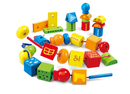 Hape String Shapes Wooden Toy Blocks in 32 Pieces, 3+ Years, Water Based Paint, String