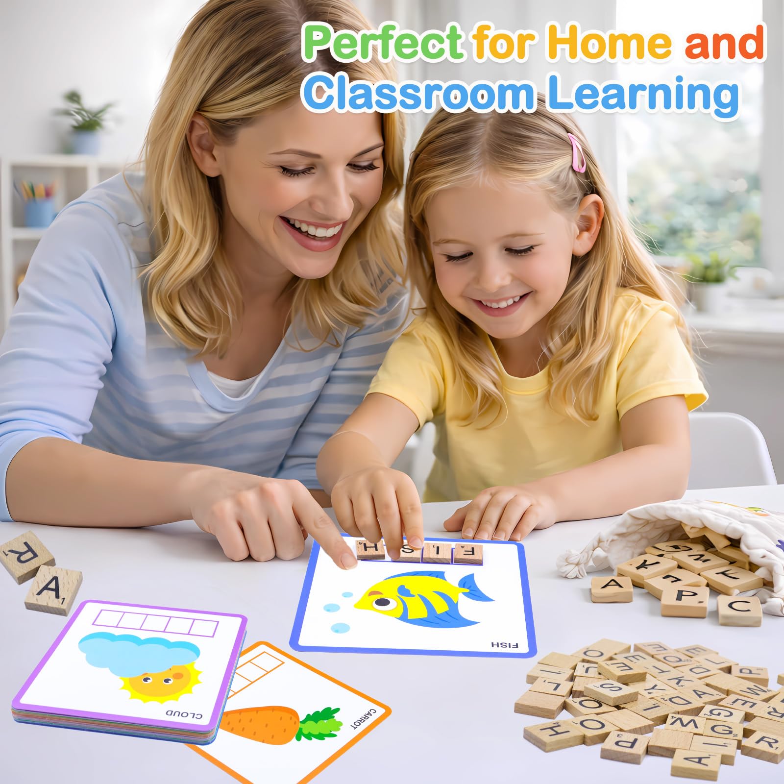 Humerry Spelling Game for Kids Ages 3-8, Word Building & Sight Word Games, Phonics Learning Toy with 100 Wooden Letter Tiles & 30 Double-Sided