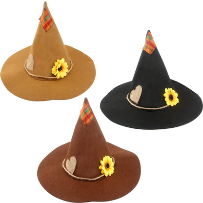 Haconba 3 Pack Halloween Scarecrow Hat Sunflower Felt Scarecrow Witch Hats for Halloween Cosplay Scarecrow Theme Party Costume Accessory, 3 Colors