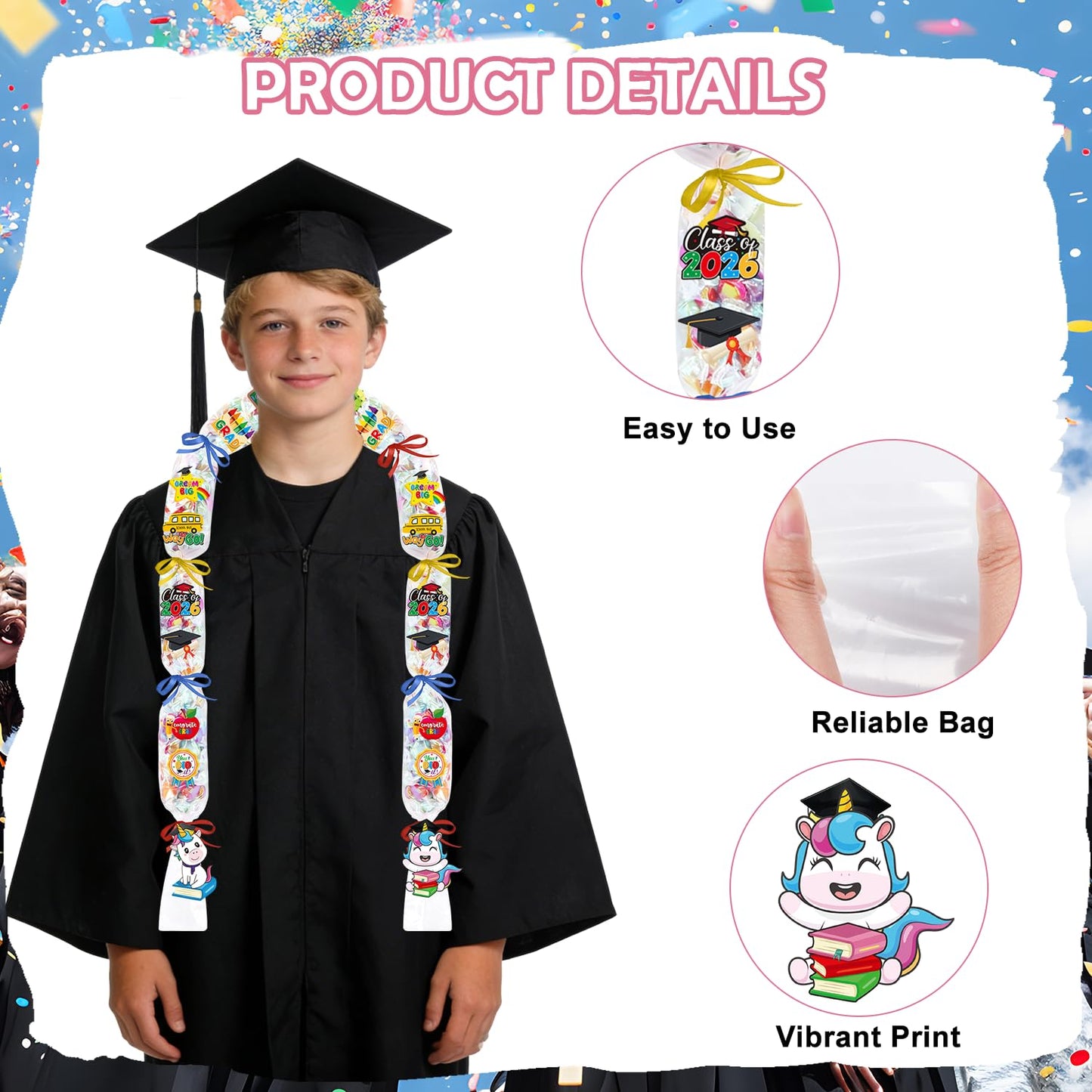 Silkovahamd Kindergarten Graduation Leis 2026 - Candy Lei Making Kit, 12 Candy Poly Tubing Clear 60 Paper Cards 3 Ribbon Rolls, Class of 2026