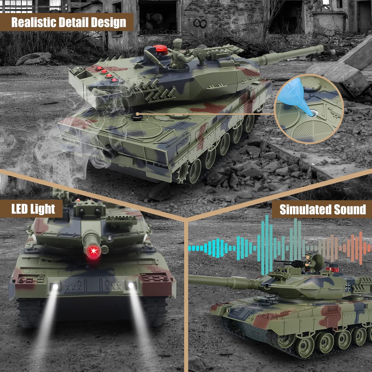 Fistone 1/24 RC Battle Tank Set - Remote Control T90 & Leopard Tanks with Realistic Sounds, Lights, Life Indicators, and Spray Effects - Military Toy
