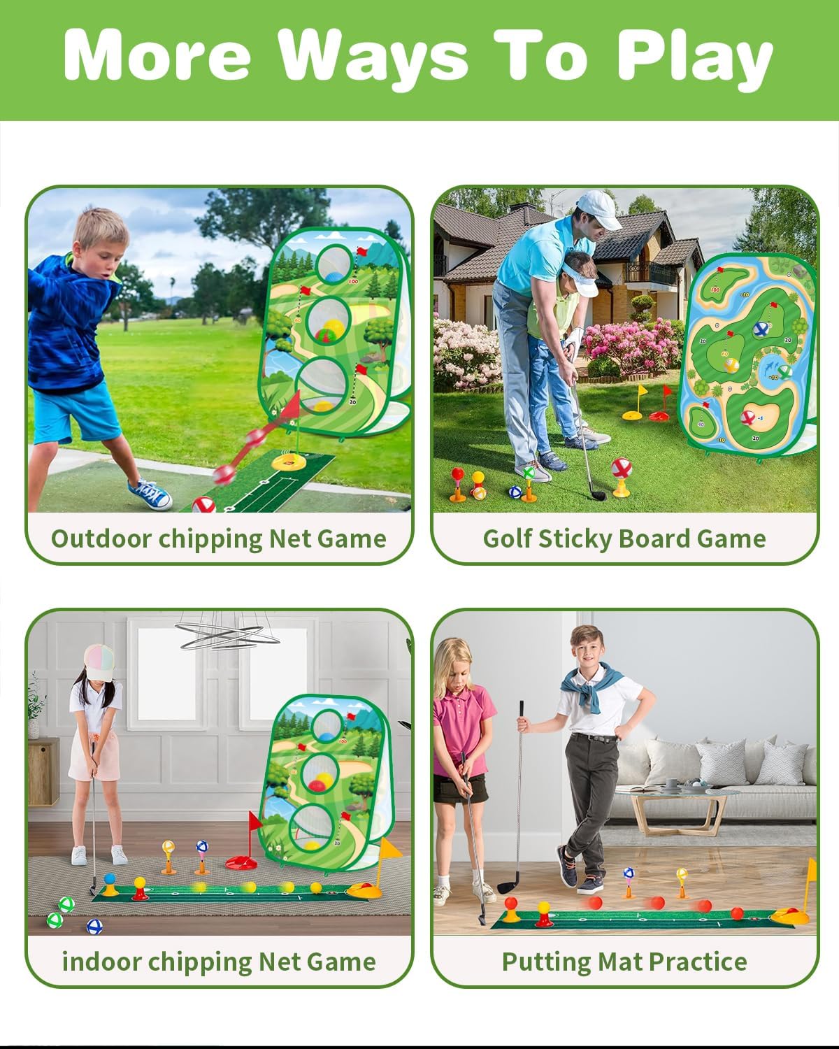 haoetcw 4-in-1 Kids Sticky Golf Games Set with Club, Golf Putting Practice Mat,3-Sided Golf Chipping Net, Multiple Game Modes, Golf Cornhole Board Set