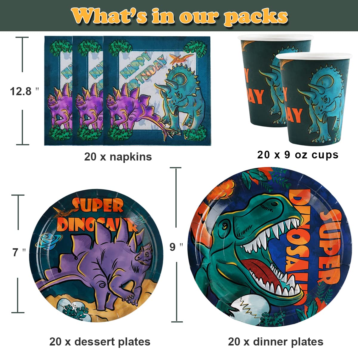 Dinosaur Birthday Party Tableware Set For Boys - 20 Guests- Dinosaur Birthday Party Supplies Kit, Includes Dino Party Plates, Napkins, Cups