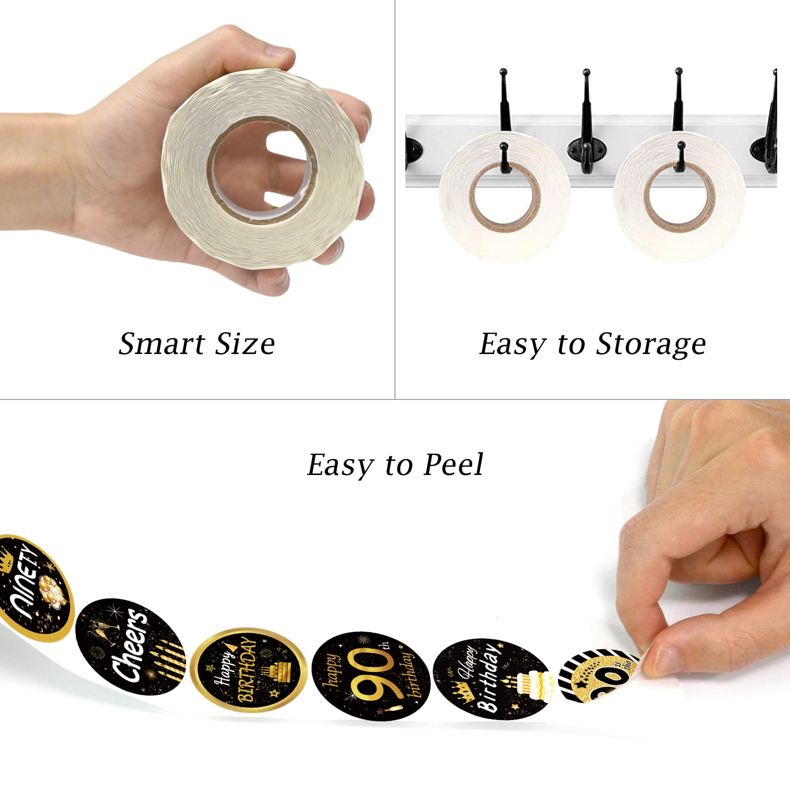 600 PCS 1.5 Inch Happy 90th Birthday Roll Stickers, 8 Different Design Black Gold Happy 90th Birthday Round Labels Birthday Party Favor Anniversary