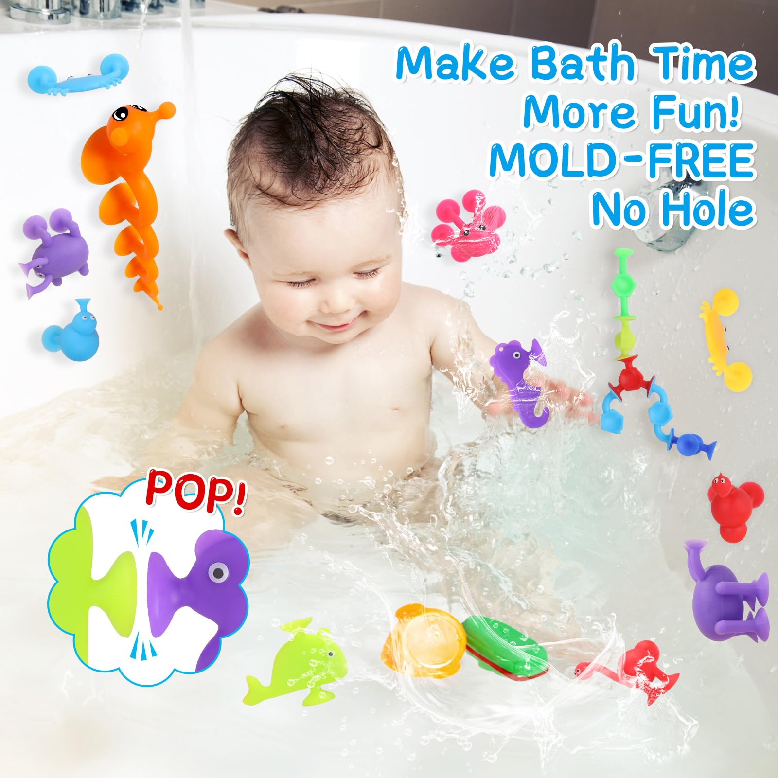 Auvitaya 30 PCS Suction Cup Toys, Baby Bath Tub Toy with Eggshell, Silicone Shower Toys for Age 4-8, Suction Cup for 3 4 5 6 7 Year Old Kids Toddlers
