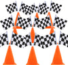 YOELVN 9 Pack 7inch Orange Race Cones with Holes on Top,18 Pack Checkered Flags,Racing Car Birthday Party Decorations,Two Fast Centerpieces,Race Cars