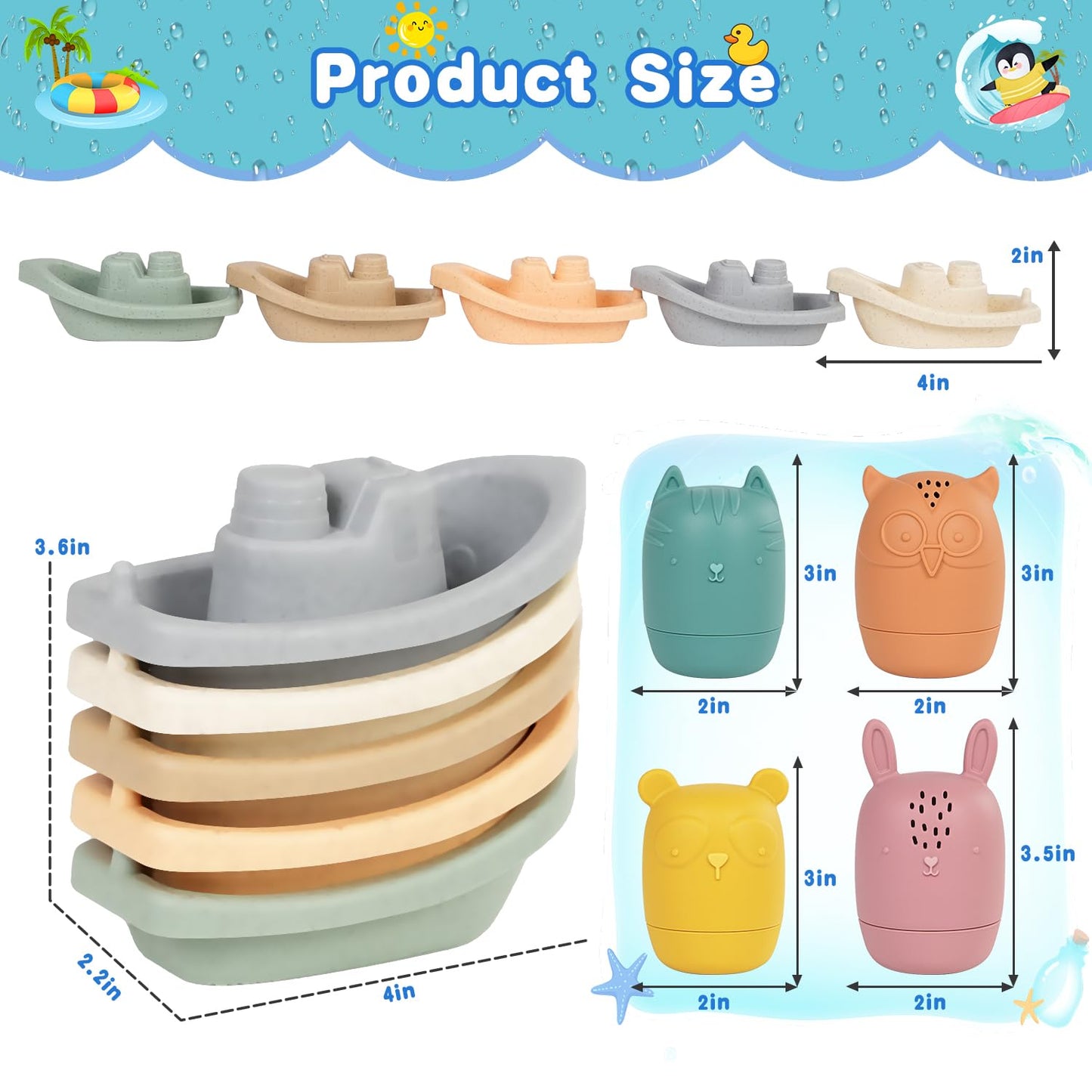 Baby Bath Toys Stackable Boats with Soft Silicone Squirt Water Animal Toys, 9 Pcs Floating Stacking Boat Bathtub Shower Pool Beach Toys for Toddler