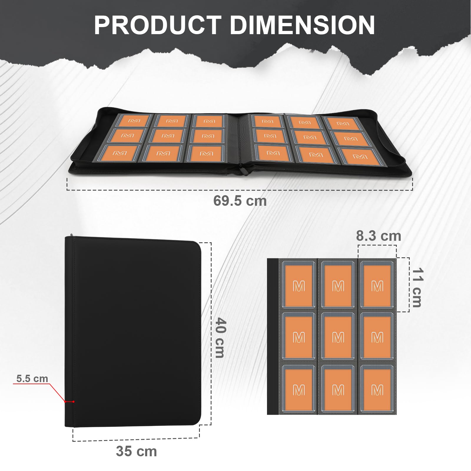 Toploader Binder,Trading Card Binder Storage Hold up 288 Cards 9-Pocket Top Loader Binder with Sleeves for 3"x4" Rigid Toploaders Hard Cases (9Black)