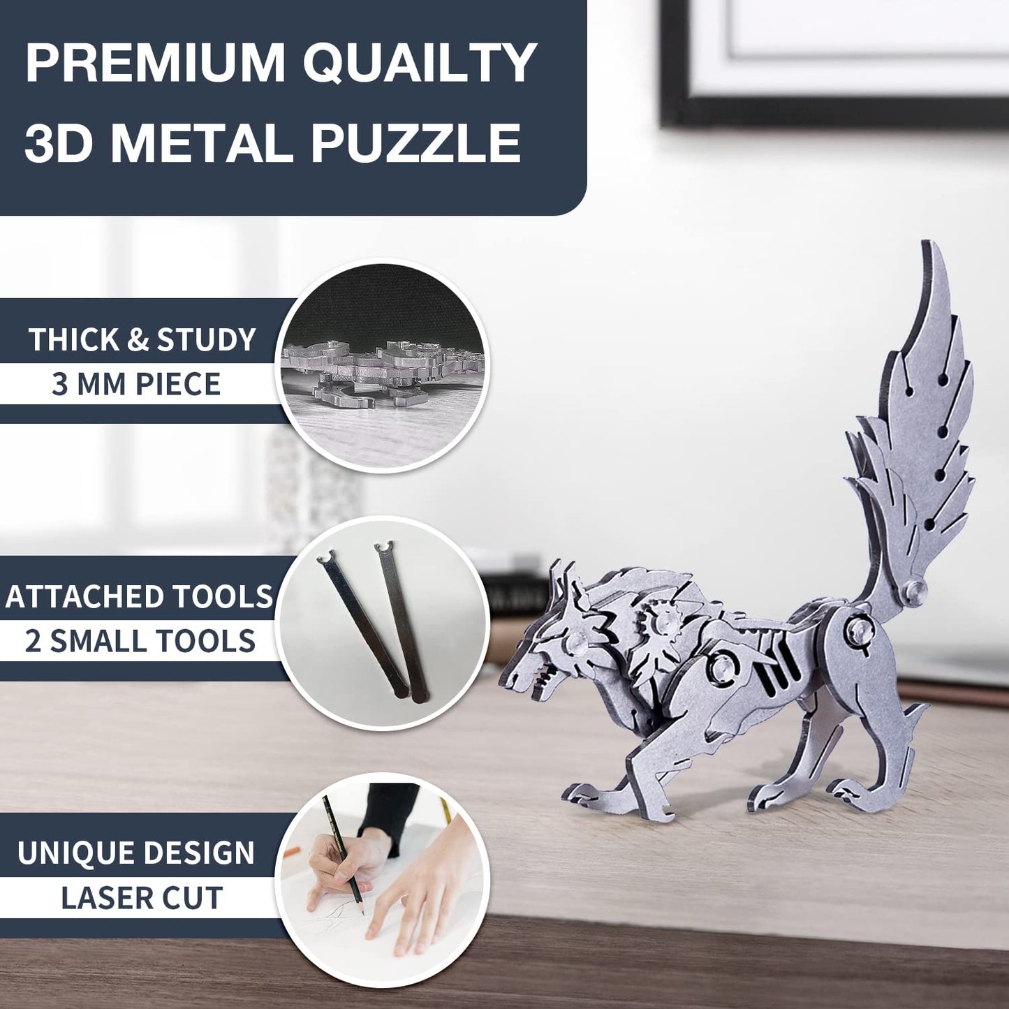 Microworld 3D Metal Puzzle, Mechanical Wolf 3D Metal Model Kits, Steel Warcraft Collection DIY Animal Brain Teasers Simple 3D Puzzles Home Decor Art