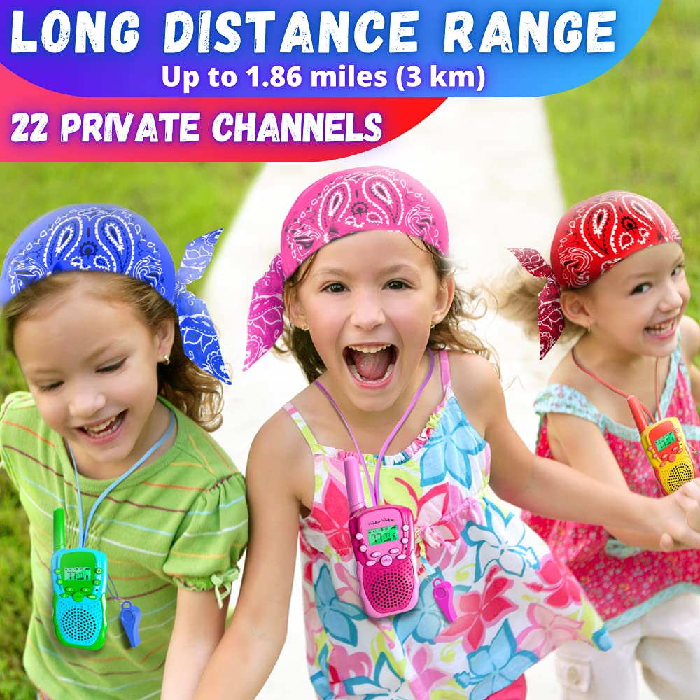 Waka Waka Walkie Talkies for Kids (3 Pack, Yellow, Red, Green) - Long Range Two-Way Walkie Talkie Set with Bandanas and Whistles Included - Great for