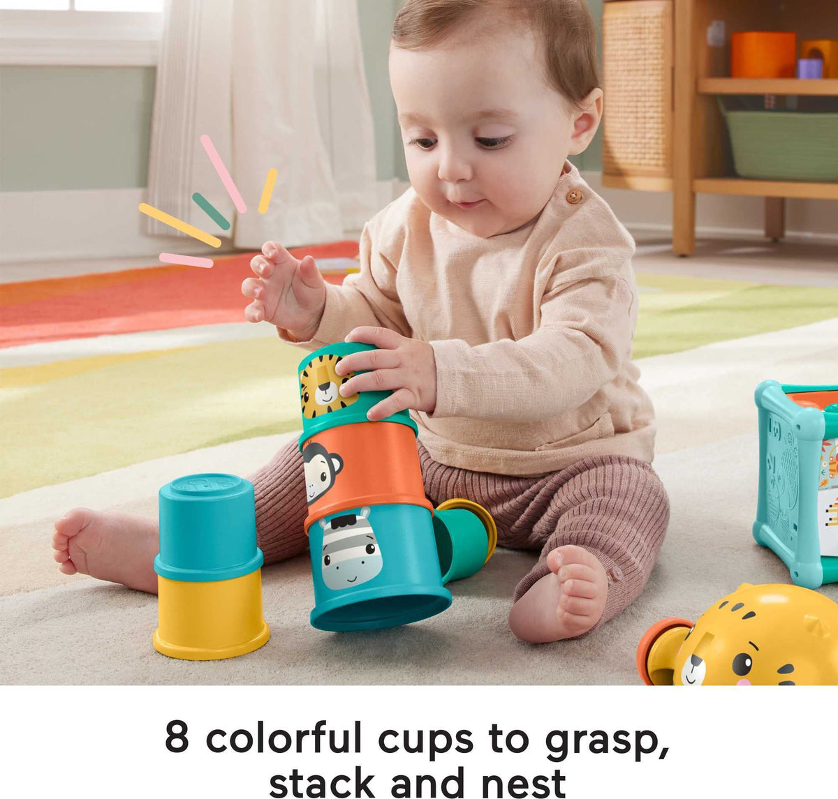 Fisher-Price Baby Toys Set With Fine Motor Toy, Stacking Cups & Push Car, Sit & Crawl Gift Set