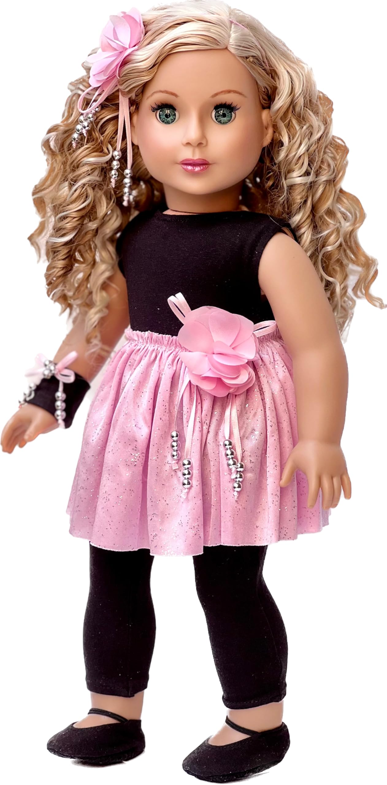 Showtime - 5 Piece Outfit - Black Unitard, Pink Tutu Skirt, Ballet Slippers, Corsage, Hairpiece - Clothes Fits 18 Inch Dolls (Doll Not Included)