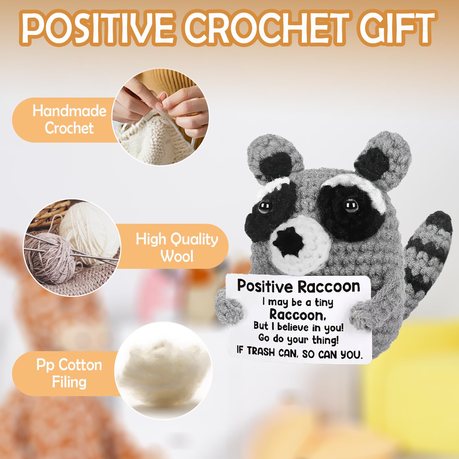 Beciway Mini Crochet Raccoon Keepsake with Supportive Card - Funny Knitted Pocket Hug, Positive Gift for Birthday, Father’s Day, Teacher, Mom