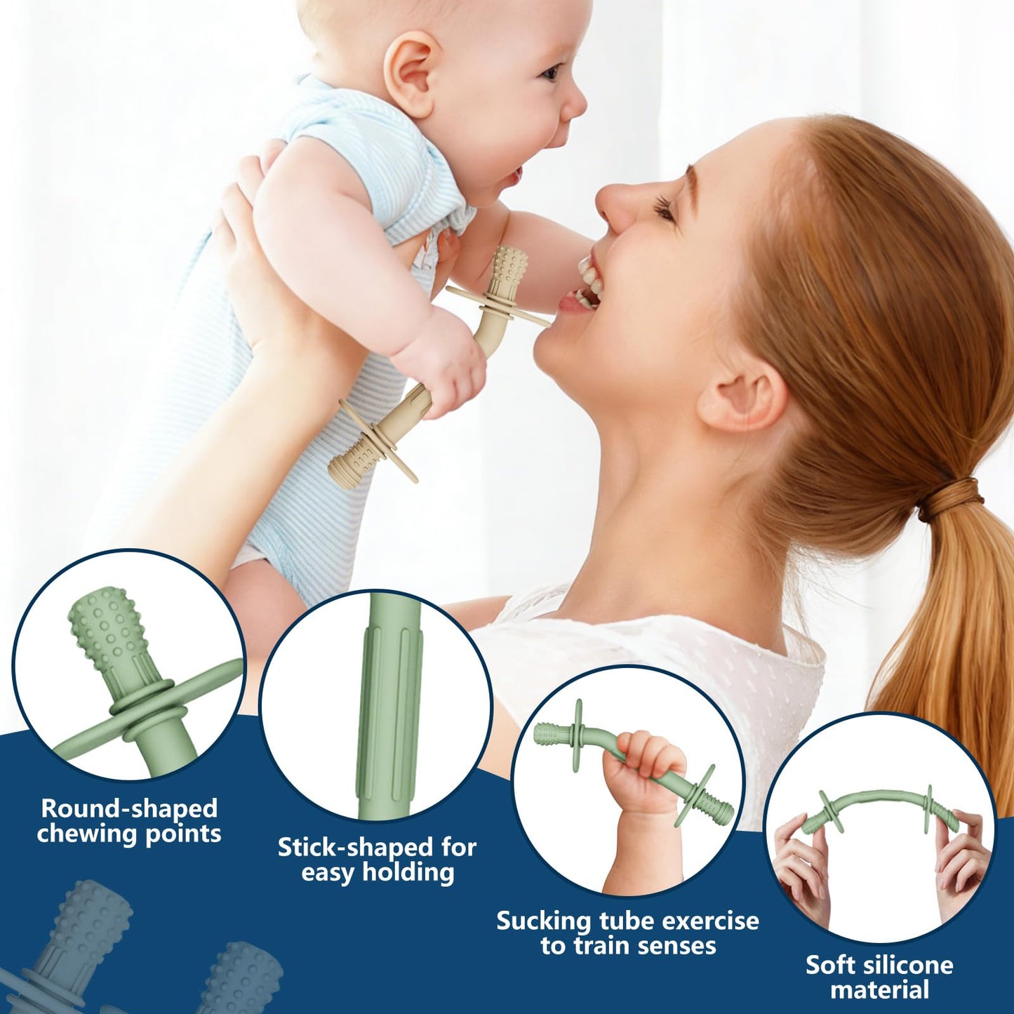 WALULAN Teething Toys for Babies 36+ Months, 5 Pack Silicone Teething Straws,Soft Chewable Sensory Aid for Molar Discomfort, Infant Oral Development