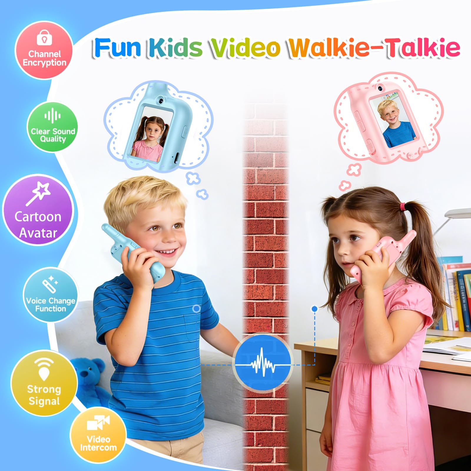 Video Walkie Talkies for Kids - Rechargeable Kids Walkie Talkies 2 Pack with Voice Changer & Cartoon Avatar, 1000 ft Range, Fun Toys for Outdoor
