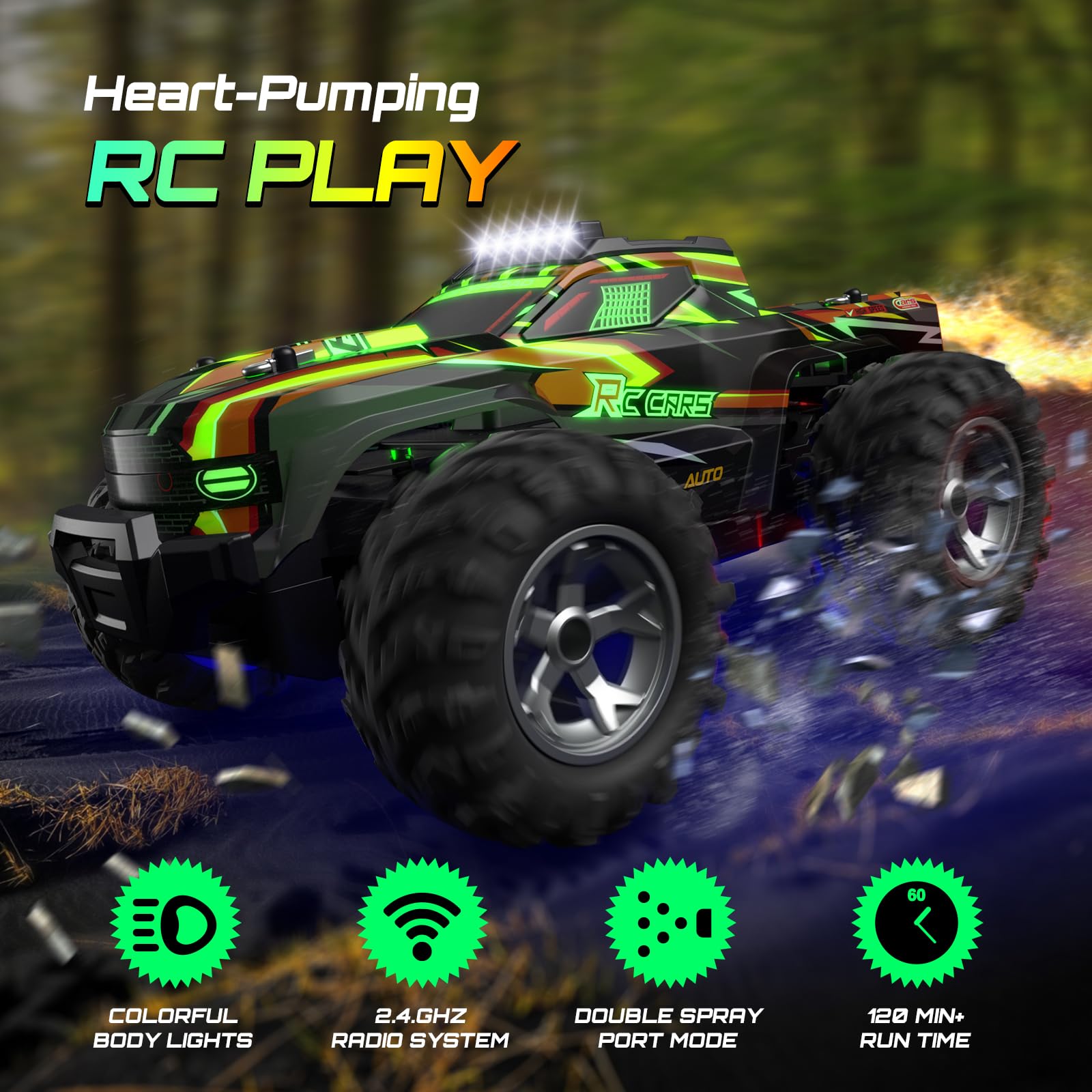 Remote Control Car for boys, 1:16 Scale All Terrain RC Cars,High Speed 25Km/h Fast Car with Colorful Led Light and spray, 2x1300mAh Rechargeable