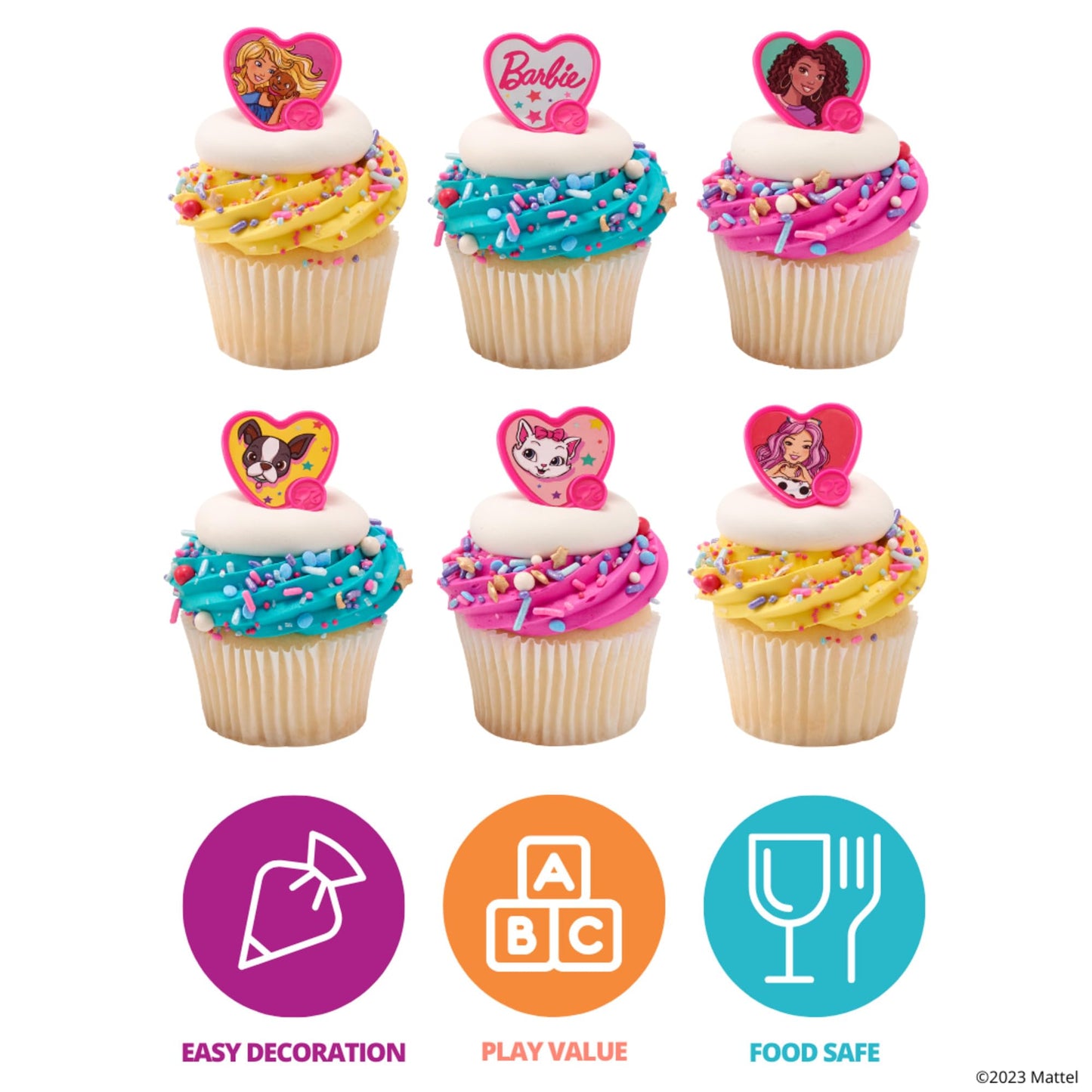 DecoPac Barbie Be The Future Rings, Pink Heart Shaped Cupcake Decorations Featuring Barbie and her Friends For Birthday Party And Celebrations - 24