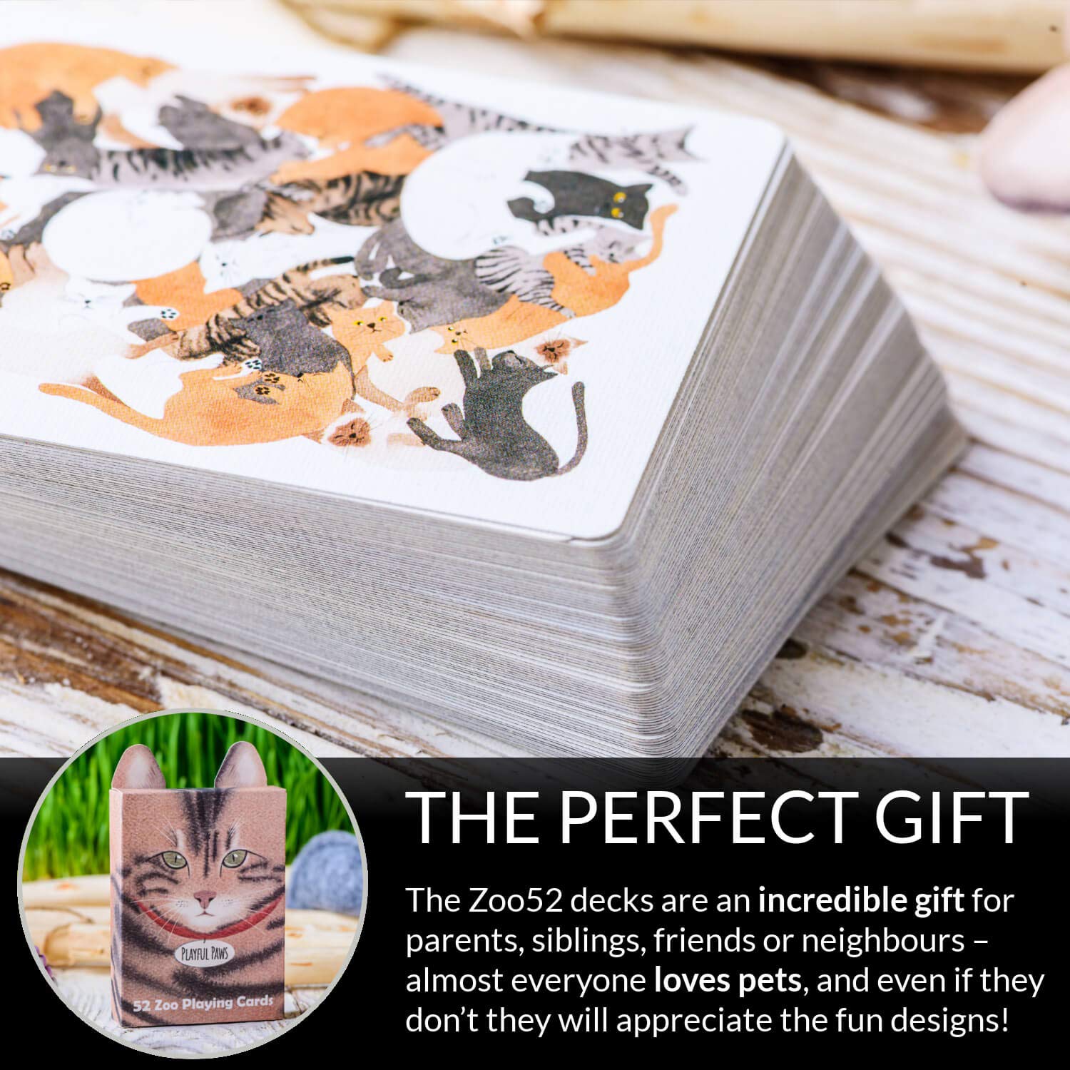 Zoo52 Playful Paws Playing Cards - Beautiful Cat & Dog Deck of Cards with Free Card Game eBook, Hand Illustrated Water Color Poker Cards. Unique Box