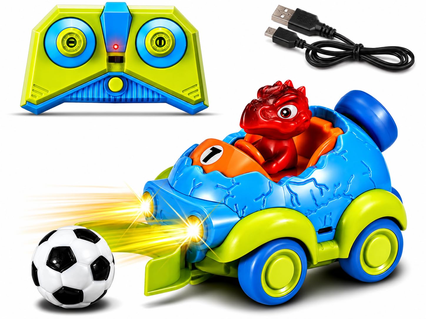 ToyFinity Remote Control Dino Car - Soccer Ball Mode, USB Charged