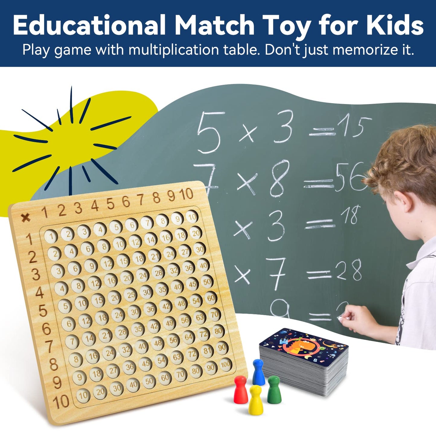BAKAM Wooden Multiplication Board Math Game for Kids 8-12, Math Manipulatives Set with 100PCS Flash Cards for Kids 6-8 Years Old, Montessori Counting